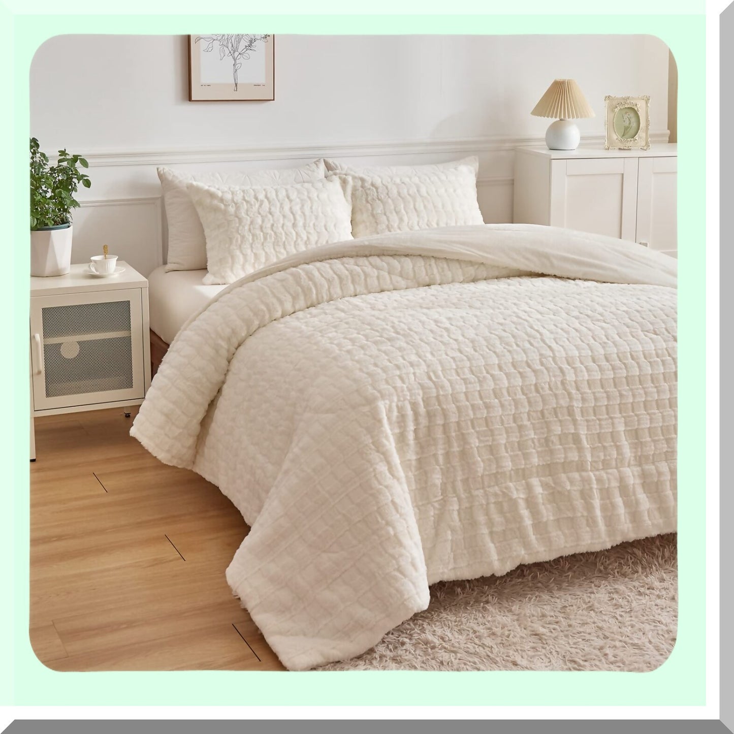Ultra Fluffy Ivory White Rabbit Comforter Set - Luxury Plush Bedding with Rectangle Pattern - Soft Fuzzy 3 Piece Bed Set (1 Comforter + 2 Pillowcases) - Full Size