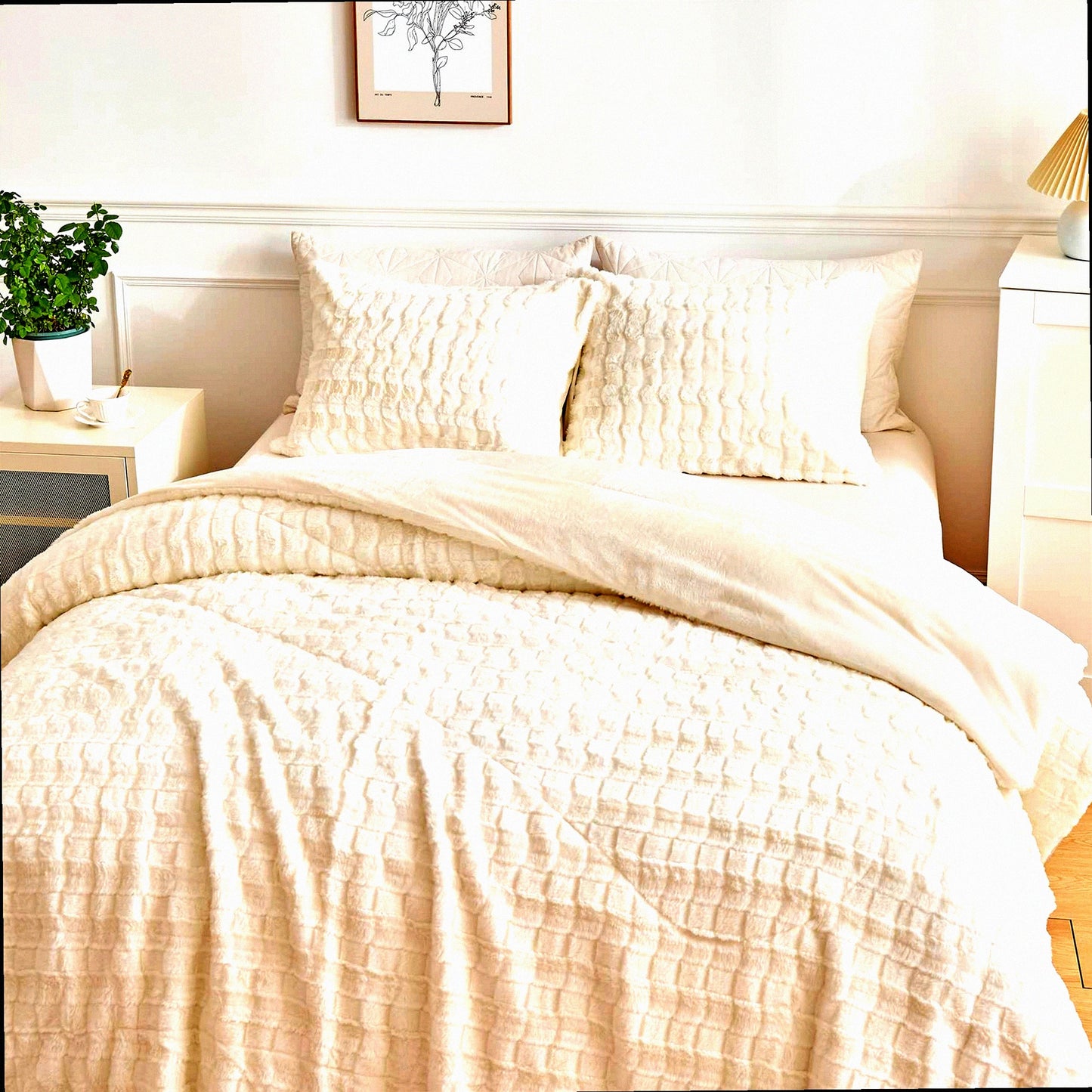 Ultra Fluffy Ivory White Rabbit Comforter Set - Luxury Plush Bedding with Rectangle Pattern - Soft Fuzzy 3 Piece Bed Set (1 Comforter + 2 Pillowcases) - Full Size