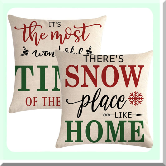 Winter Wonderland Holiday Pillow Covers - Set of 2 Festive Red & Green Throw Pillowcases with Merry Saying "It's The Most Wonderful Time of The Year" - Farmhouse Decor Cushion Covers 20" x 20"