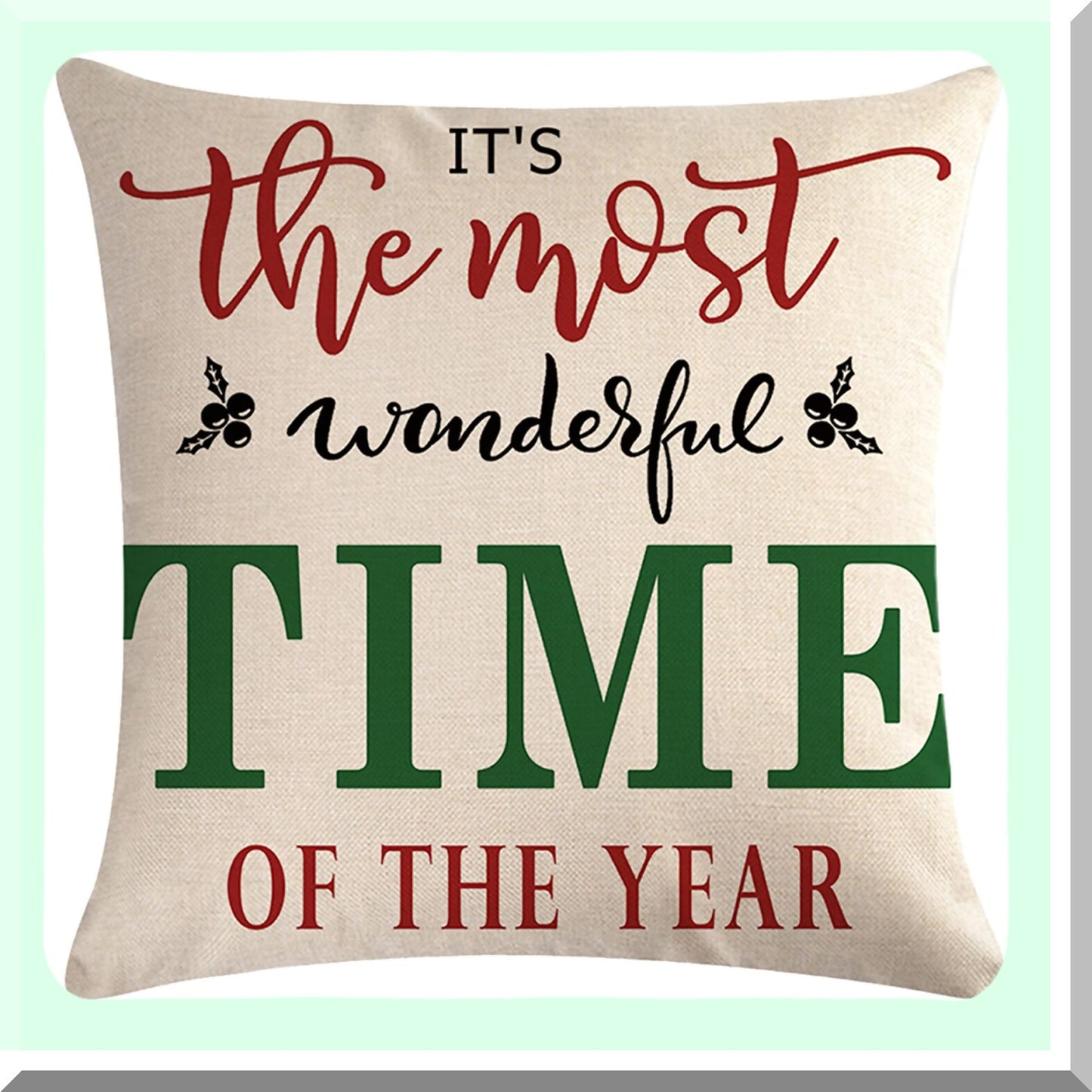 Winter Wonderland Holiday Pillow Covers - Set of 2 Festive Red & Green Throw Pillowcases with Merry Saying "It's The Most Wonderful Time of The Year" - Farmhouse Decor Cushion Covers 20" x 20"