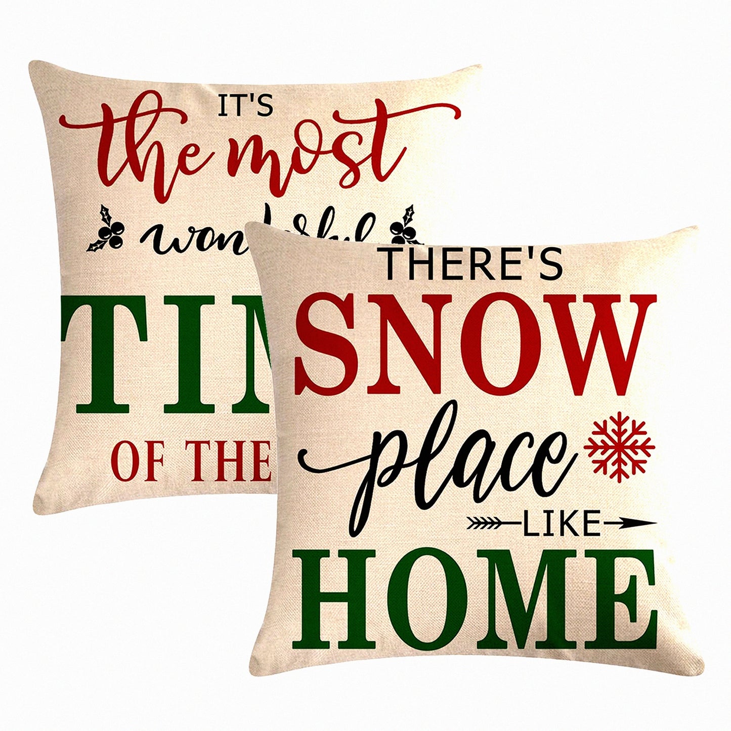 Winter Wonderland Holiday Pillow Covers - Set of 2 Festive Red & Green Throw Pillowcases with Merry Saying "It's The Most Wonderful Time of The Year" - Farmhouse Decor Cushion Covers 20" x 20"