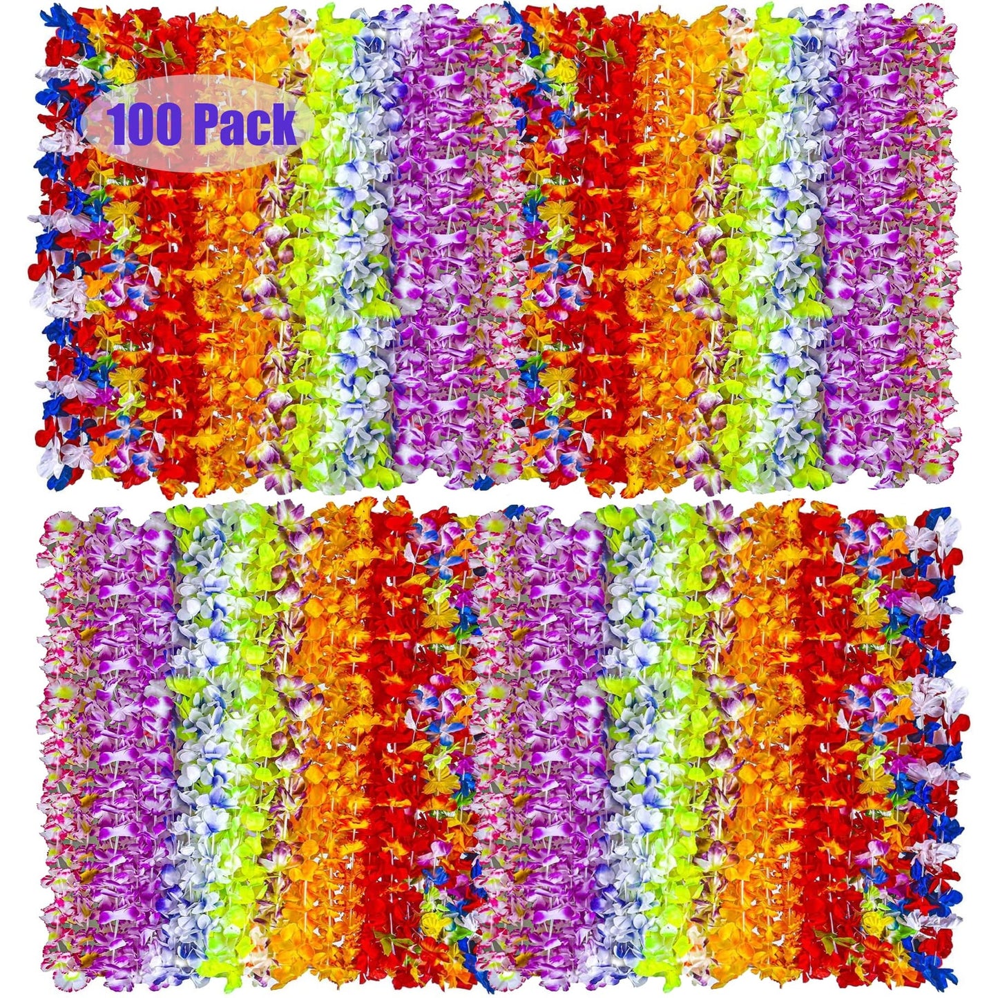 Tropical Luau Silk Flower Leis - 100 Pack Hawaiian Necklace Party Decorations for Beach Birthday Luau Party Supplies