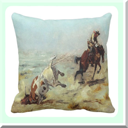 Vintage Western Roping Steer Decor Pillow Cover - Cowgirl Cowboy Home Decor Square 18x18 Inch Case - Decorative Pillowcase