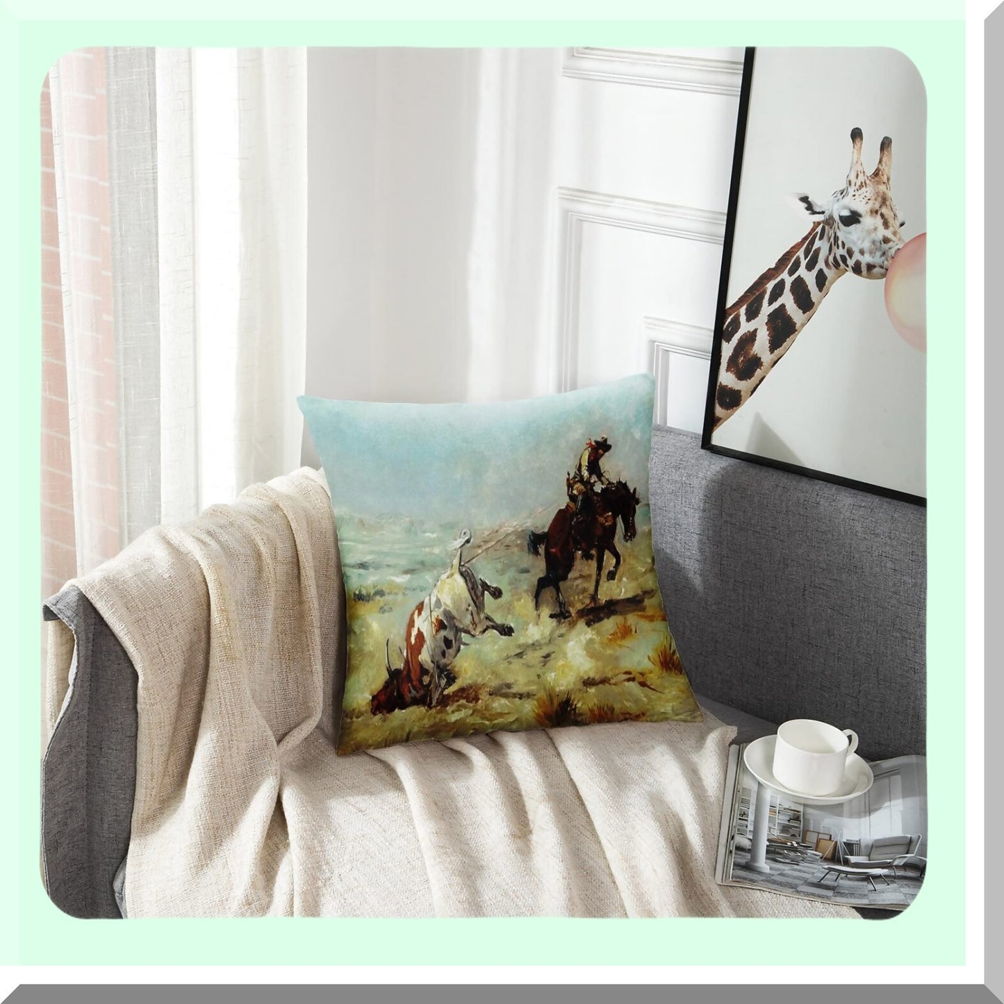 Vintage Western Roping Steer Decor Pillow Cover - Cowgirl Cowboy Home Decor Square 18x18 Inch Case - Decorative Pillowcase