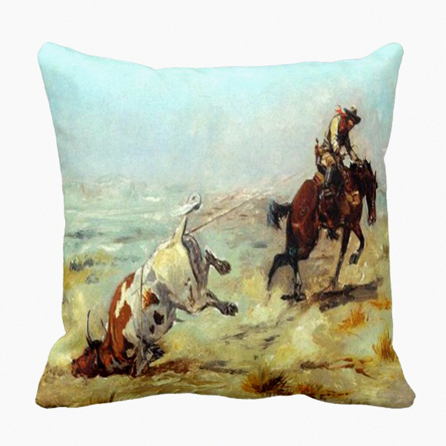 Vintage Western Roping Steer Decor Pillow Cover - Cowgirl Cowboy Home Decor Square 18x18 Inch Case - Decorative Pillowcase
