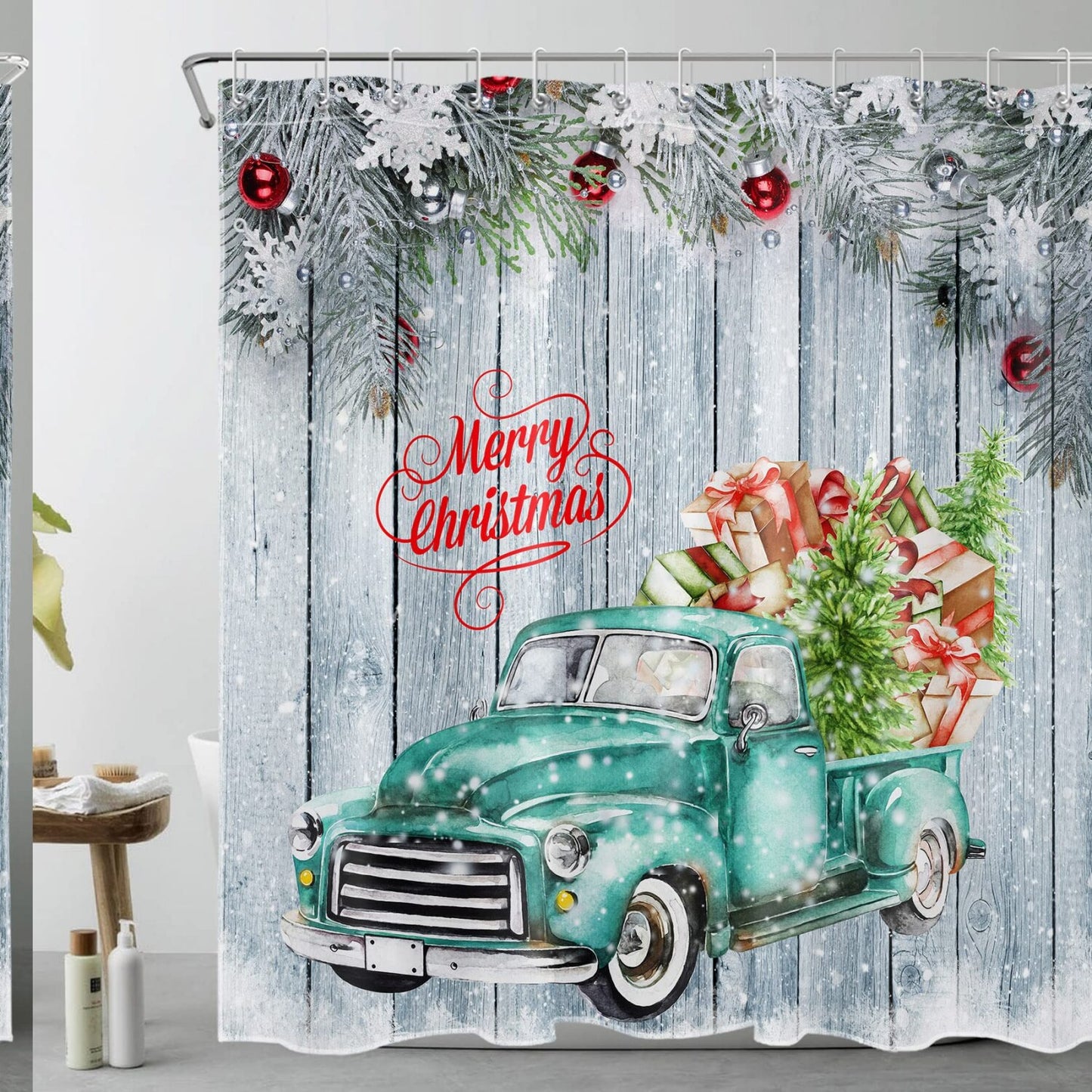Teal Truck and Gifts Shower Curtain 72x72 Inches