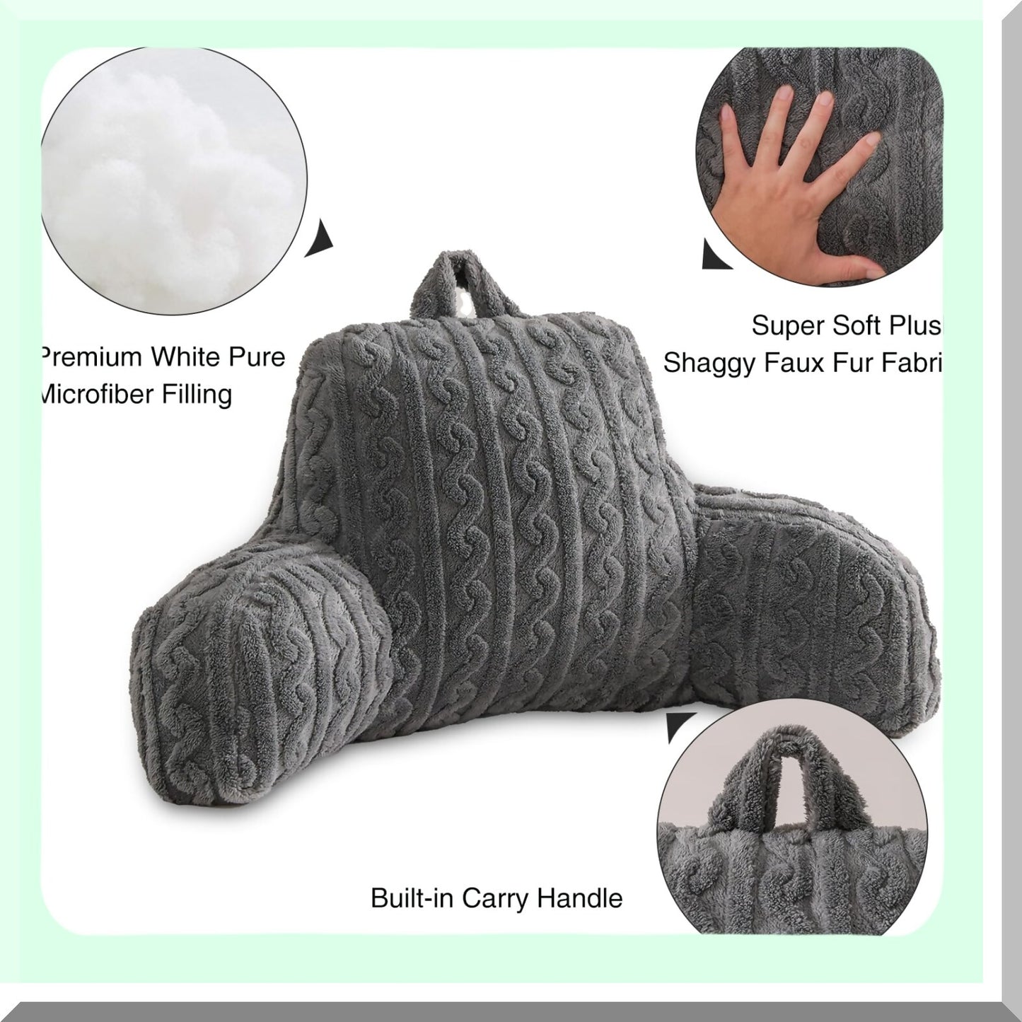 CozyRest Neck Support Reading Pillow - Backrest Pillows with Arms for Watching, Reading, Working - Grey Comfort Bed Rest Pillow