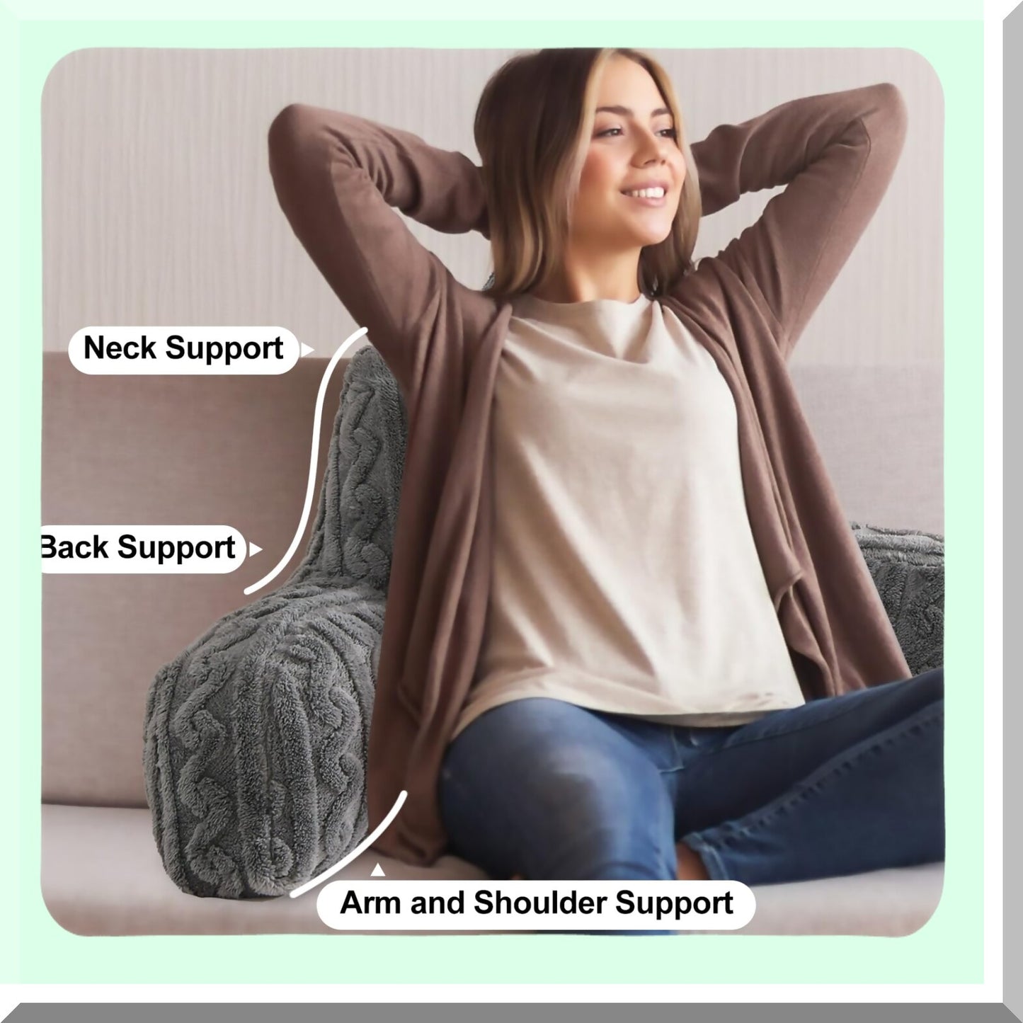 CozyRest Neck Support Reading Pillow - Backrest Pillows with Arms for Watching, Reading, Working - Grey Comfort Bed Rest Pillow