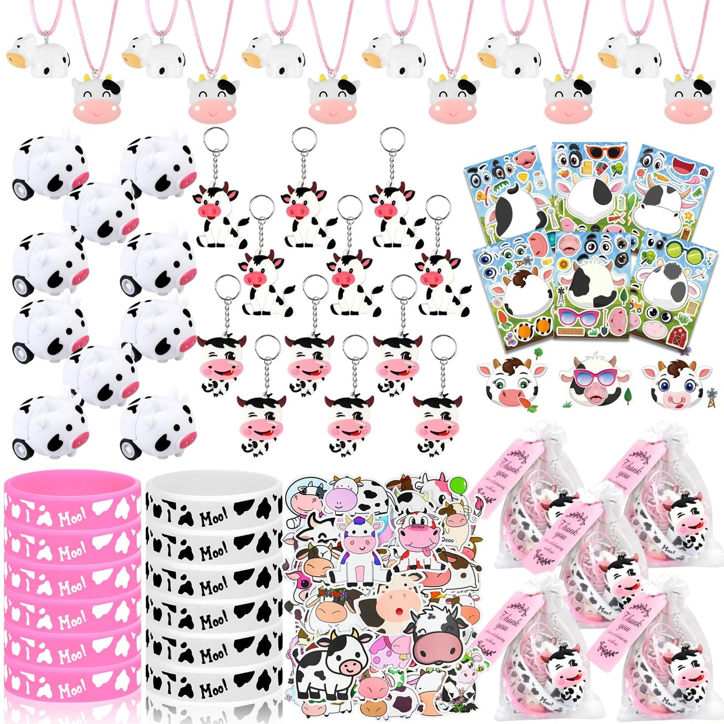 CowPrint Party Pack - 134pc Cow Birthday Favors Set with Silicone Bracelets, Keychains, Stickers, Mini Toys. Perfect for Baby Showers & Theme Decor!