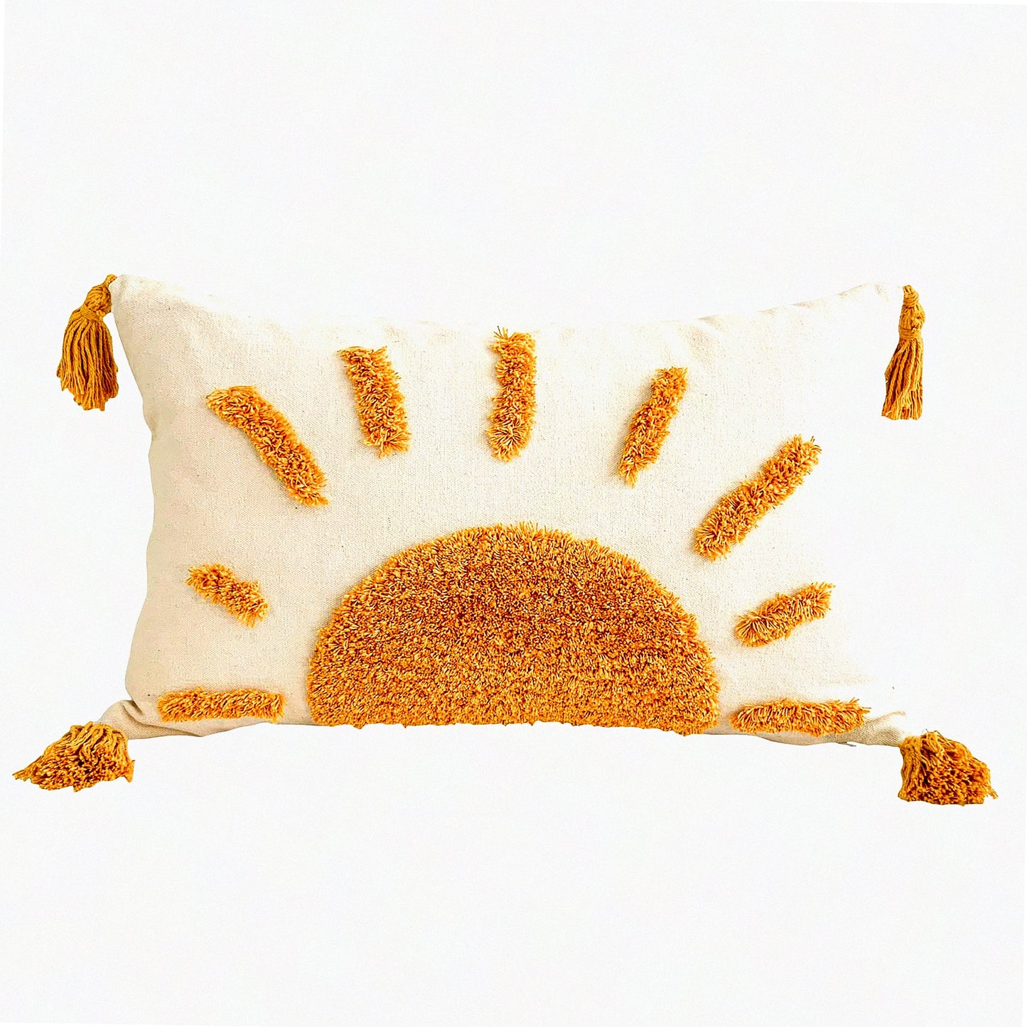 Sunshine Boho Lumbar Pillow Cover - Rustic Farmhouse Decorative Cushion Case for Couch, Living Room, Outdoor - 12x20 Inch Tufted Throw Pillow with Tassels - Home Decor Accent, No Insert - 1 Piece