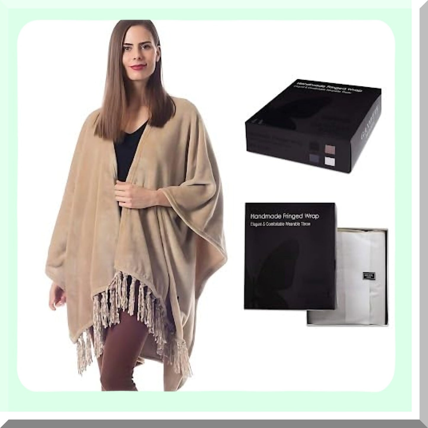 CozyMom Fleece Wrap: Ultra-Soft Fringed Throw Blanket & Poncho Cape in Elegant Beige