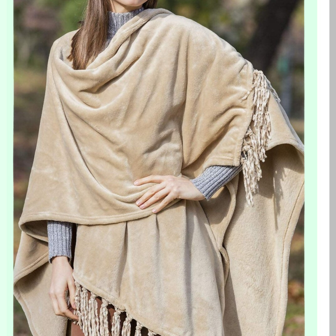 CozyMom Fleece Wrap: Ultra-Soft Fringed Throw Blanket & Poncho Cape in Elegant Beige