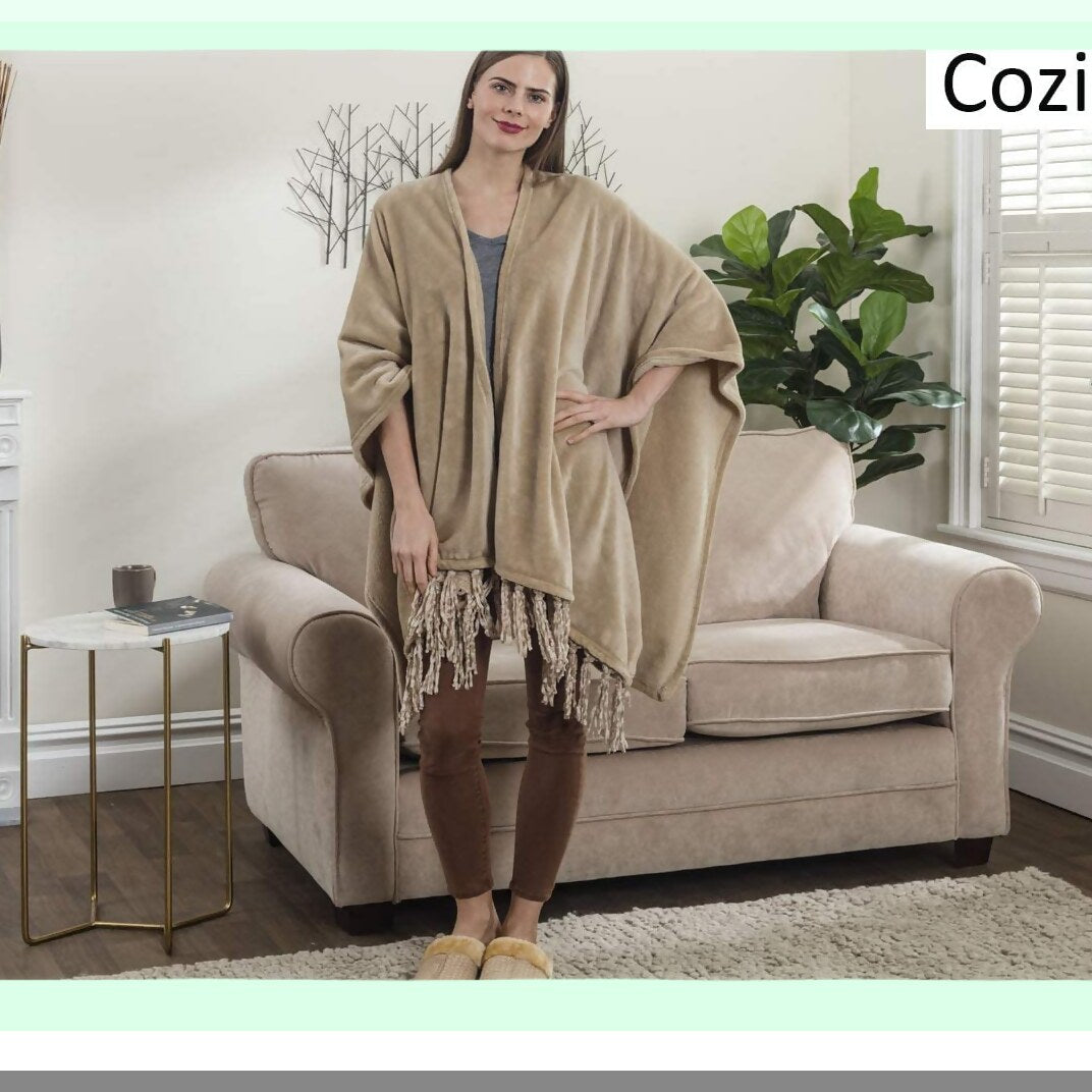 CozyMom Fleece Wrap: Ultra-Soft Fringed Throw Blanket & Poncho Cape in Elegant Beige