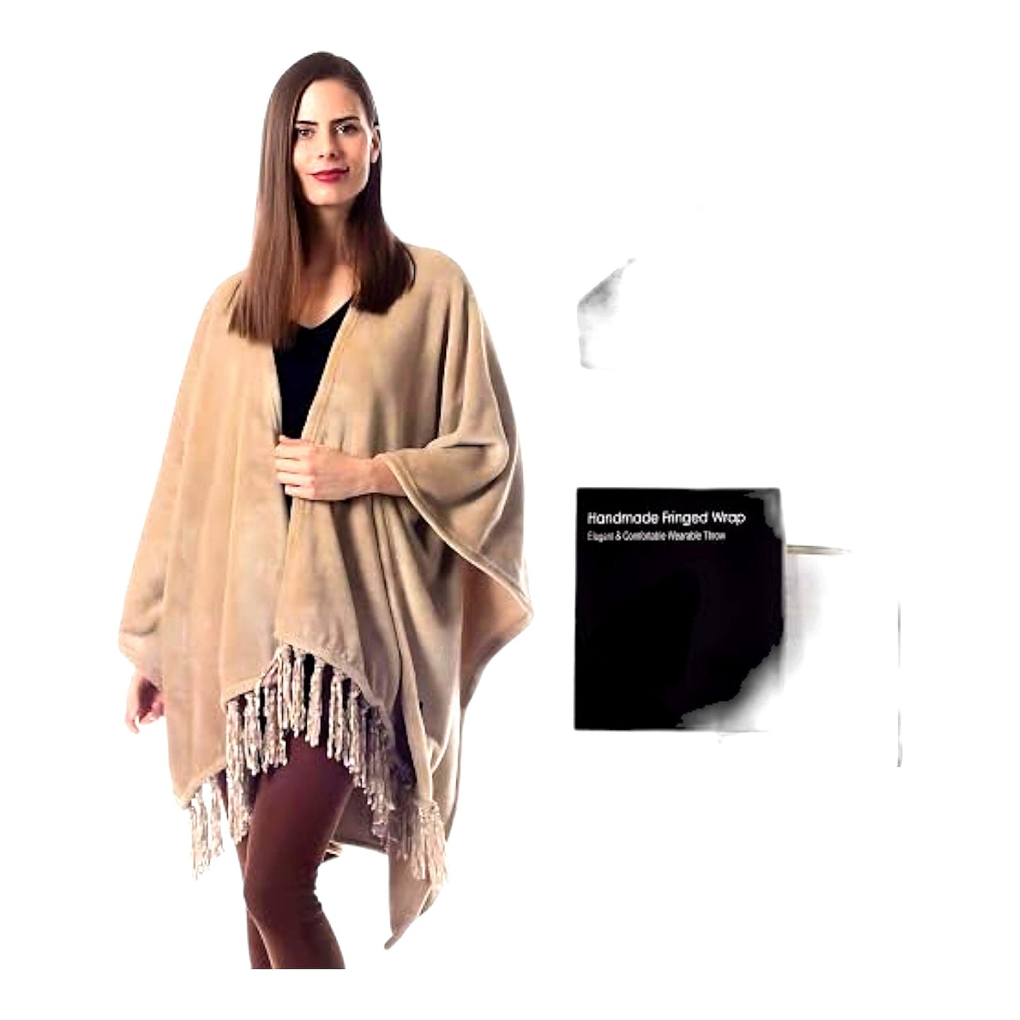 CozyMom Fleece Wrap: Ultra-Soft Fringed Throw Blanket & Poncho Cape in Elegant Beige