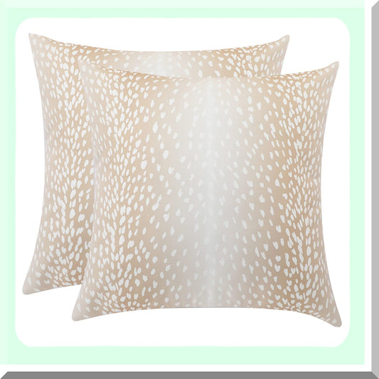 Fawn Linen Antelope Pillow Covers - Set of 2, 26x26 Inch Modern Euro Throw Pillow Cases, Square Neutral Accent Sham for Couch Sofa Bedroom Decor - Beige and White Animal Print Decorative