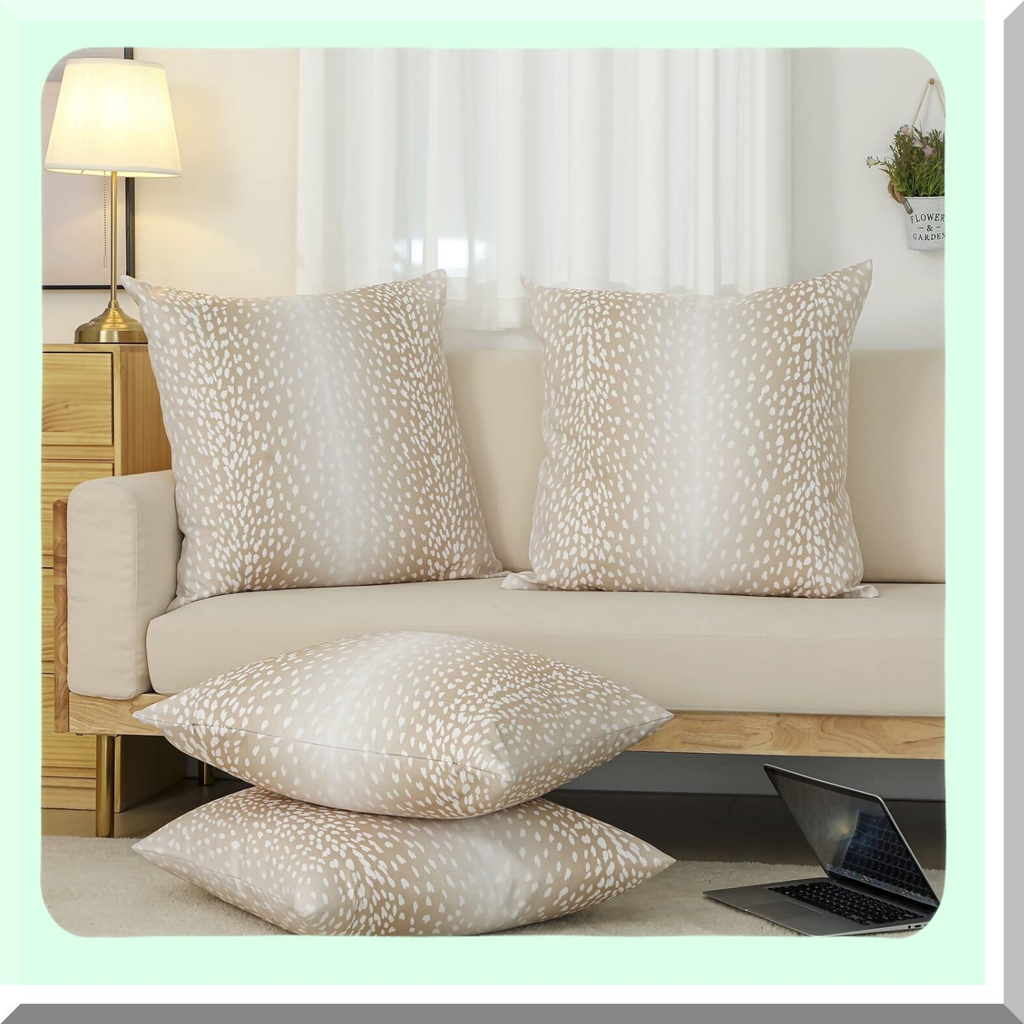 Fawn Linen Antelope Pillow Covers - Set of 2, 26x26 Inch Modern Euro Throw Pillow Cases, Square Neutral Accent Sham for Couch Sofa Bedroom Decor - Beige and White Animal Print Decorative