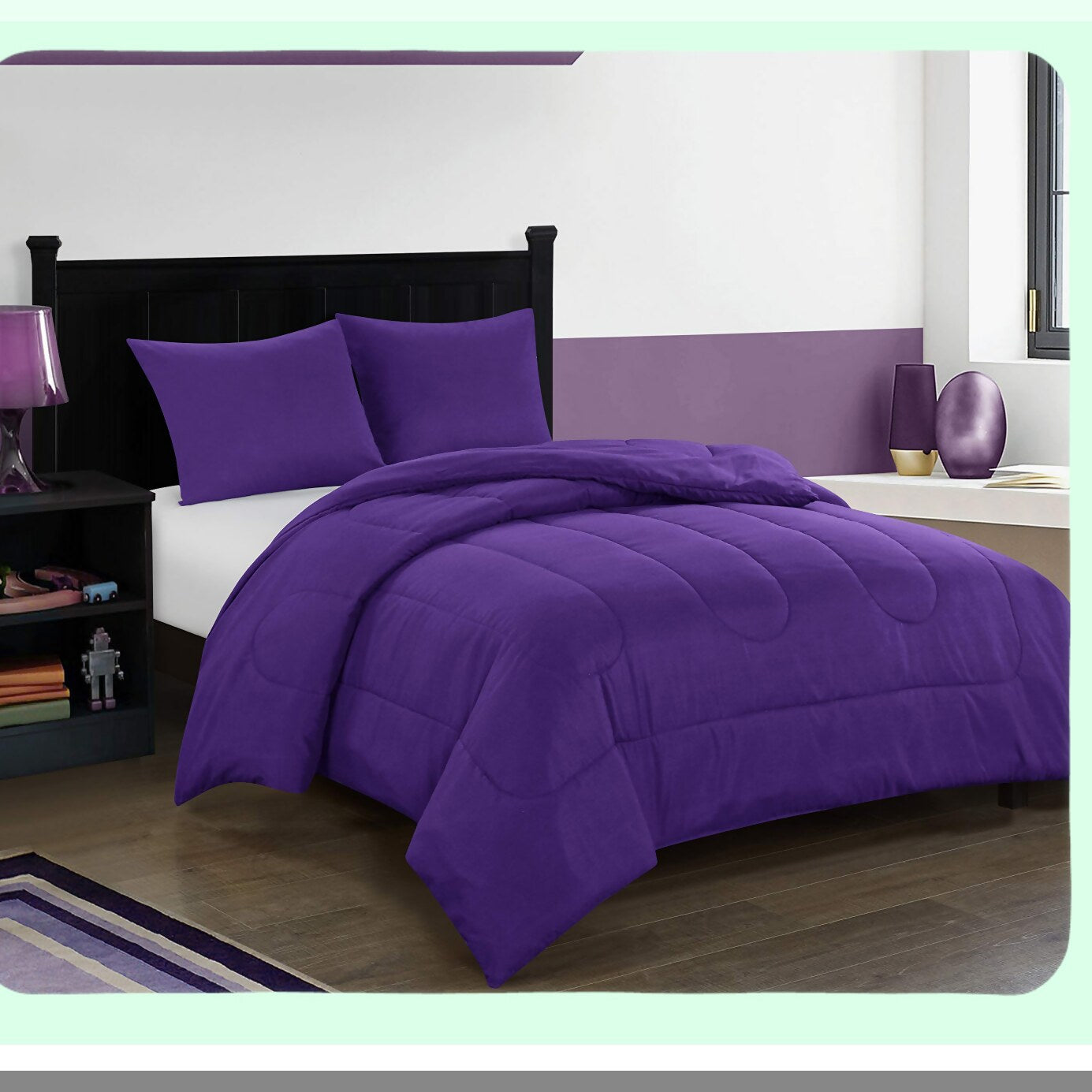 All Season Reversible Microfiber Comforter Set - Twin Size, Easy-Wash Lightweight Alternative Bedding in Bright Solid Purple. Ultra-Soft and Durable.