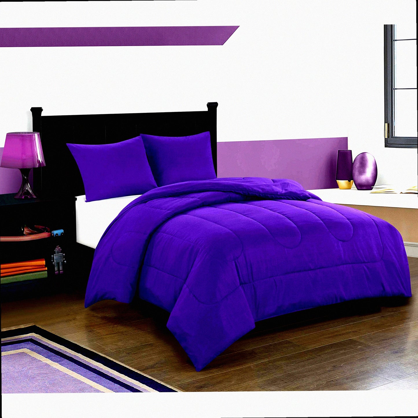 All Season Reversible Microfiber Comforter Set - Twin Size, Easy-Wash Lightweight Alternative Bedding in Bright Solid Purple. Ultra-Soft and Durable.