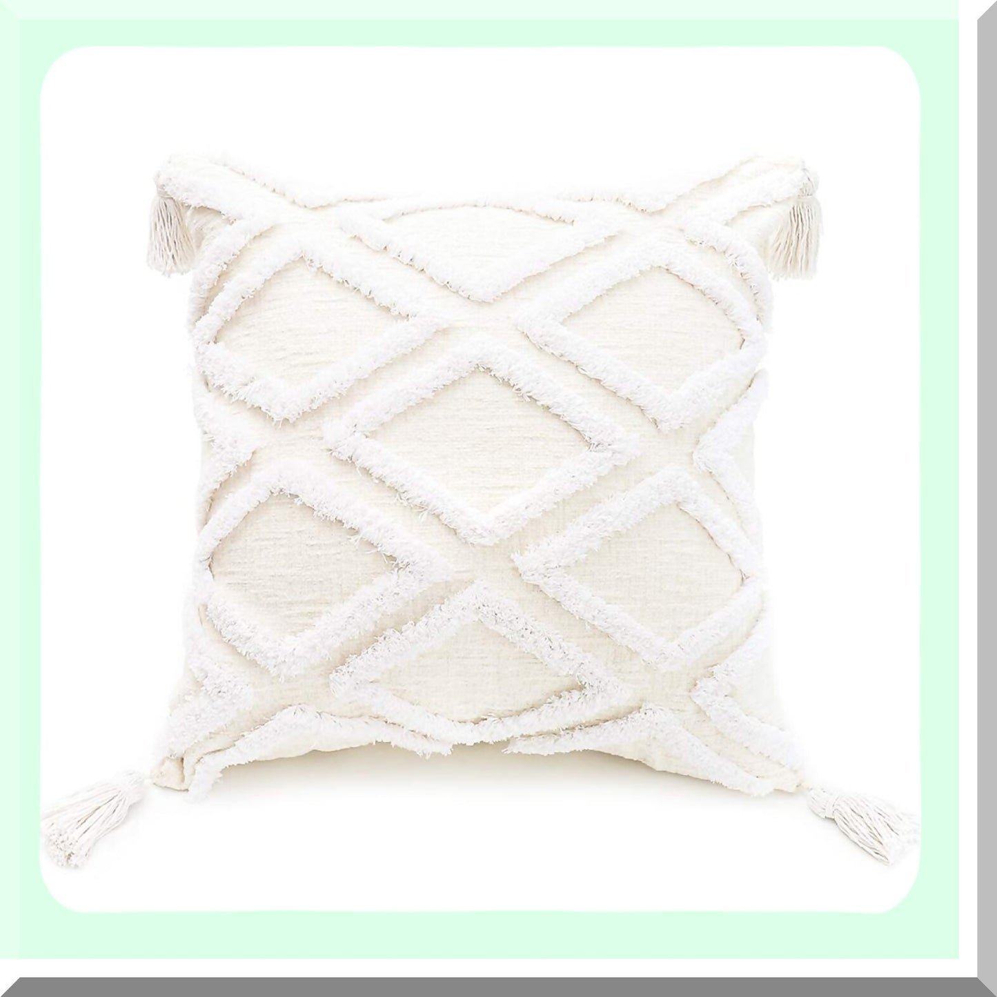 Moroccan Boho Cream Chenille Tufted Throw Pillow Cover - 20x20 Inch Tassel Accent Cushion Case for Bed Couch - Textured Decorative Fabric - 1 PC