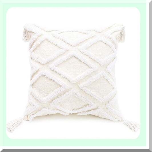 Moroccan Boho Cream Chenille Tufted Throw Pillow Cover - 20x20 Inch Tassel Accent Cushion Case for Bed Couch - Textured Decorative Fabric - 1 PC