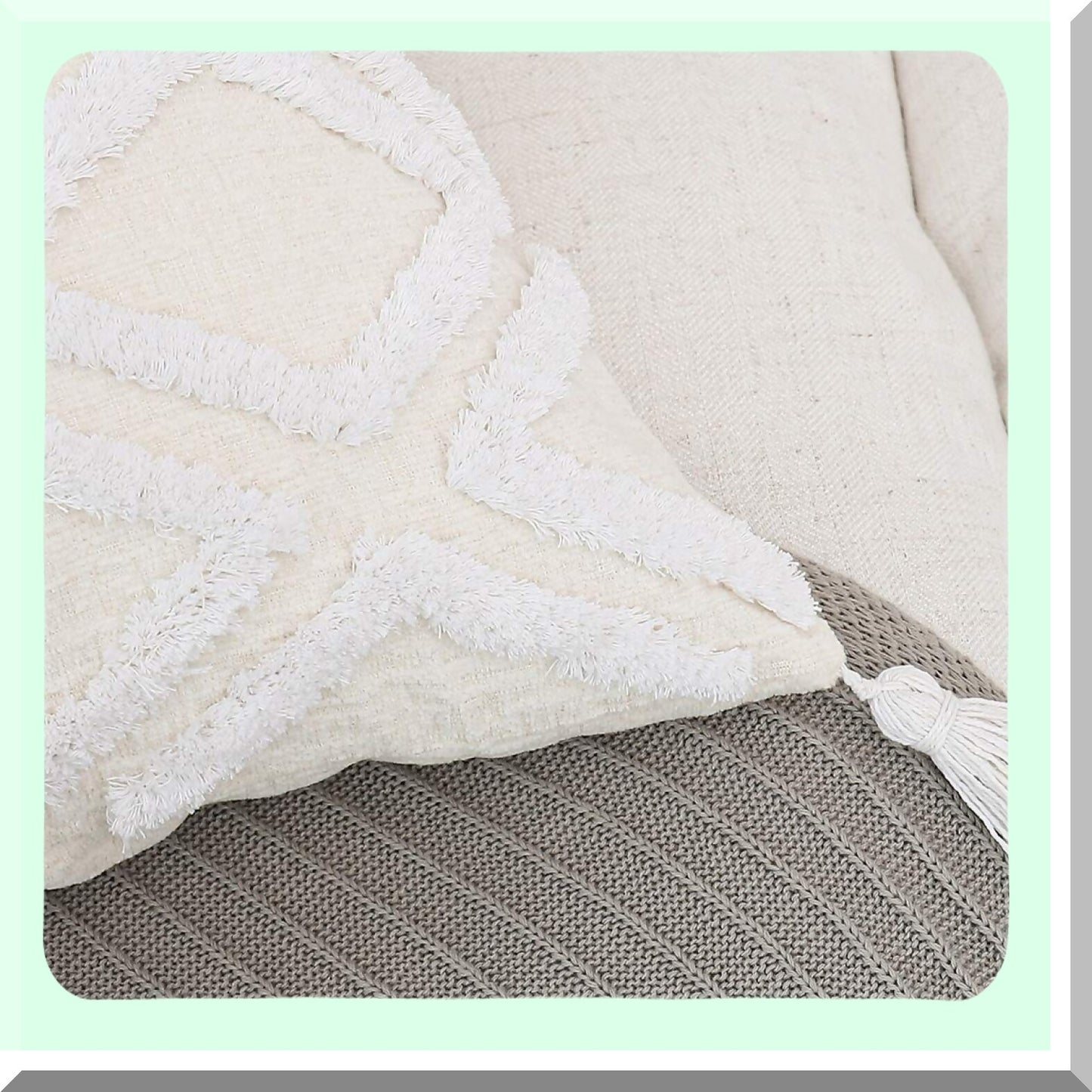 Moroccan Boho Cream Chenille Tufted Throw Pillow Cover - 20x20 Inch Tassel Accent Cushion Case for Bed Couch - Textured Decorative Fabric - 1 PC