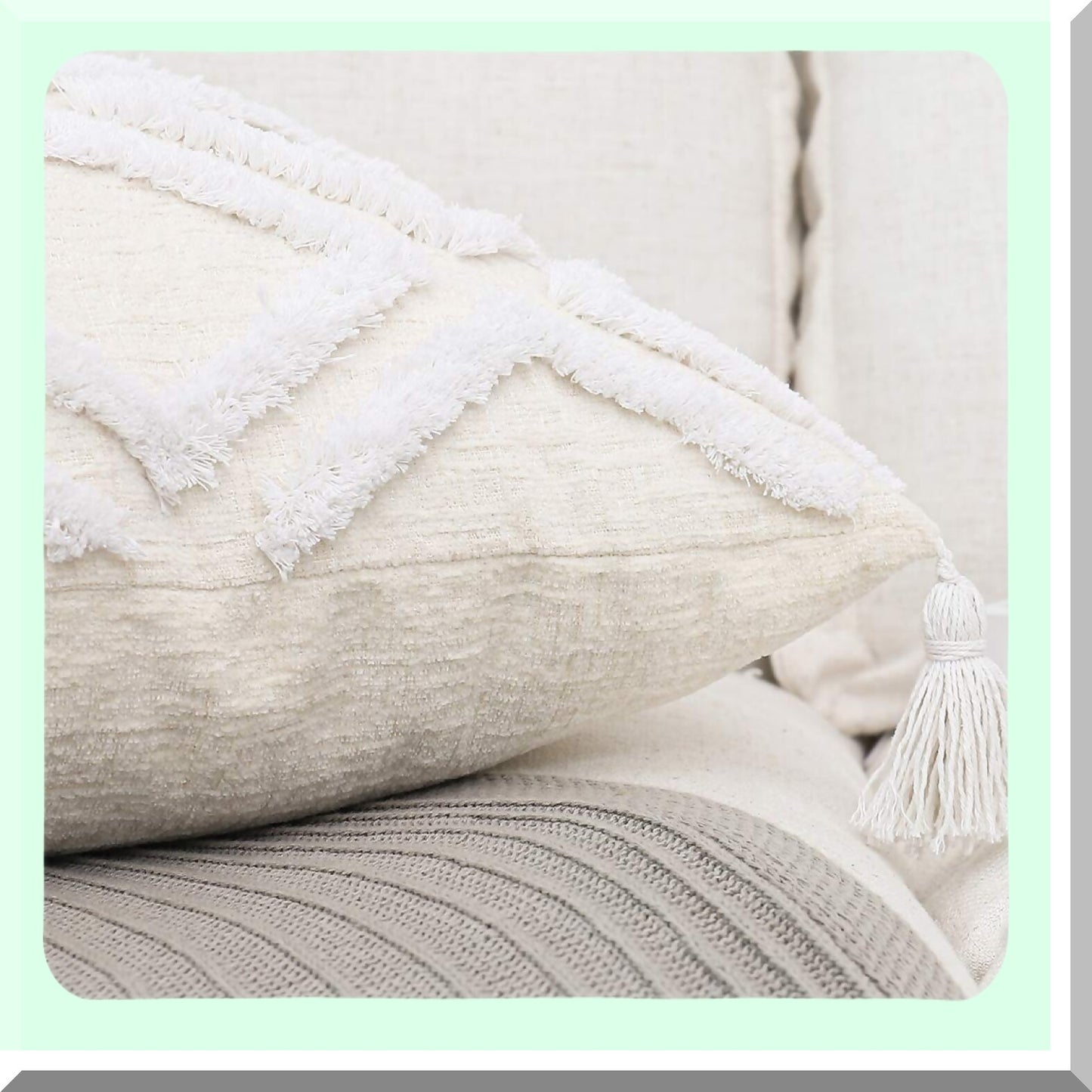 Moroccan Boho Cream Chenille Tufted Throw Pillow Cover - 20x20 Inch Tassel Accent Cushion Case for Bed Couch - Textured Decorative Fabric - 1 PC