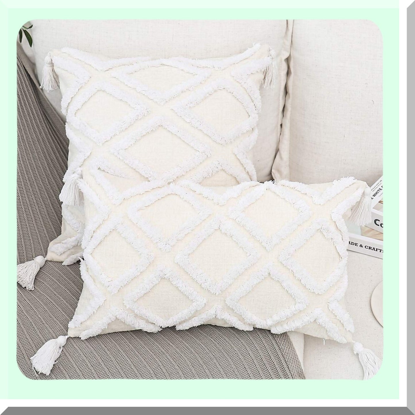 Moroccan Boho Cream Chenille Tufted Throw Pillow Cover - 20x20 Inch Tassel Accent Cushion Case for Bed Couch - Textured Decorative Fabric - 1 PC