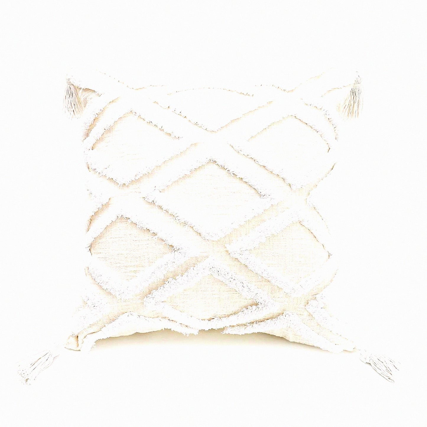 Moroccan Boho Cream Chenille Tufted Throw Pillow Cover - 20x20 Inch Tassel Accent Cushion Case for Bed Couch - Textured Decorative Fabric - 1 PC
