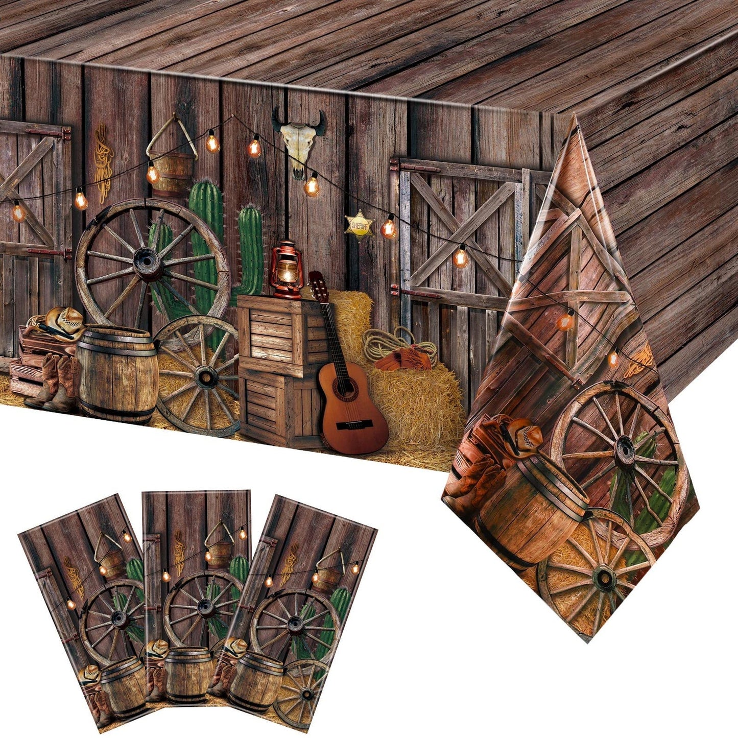 Wild West Cowboy Party Tablecloth Set - 3 Pcs Western Theme Plastic Table Cover for Baby Shower, Birthday Party Decorations - Barn Door Design