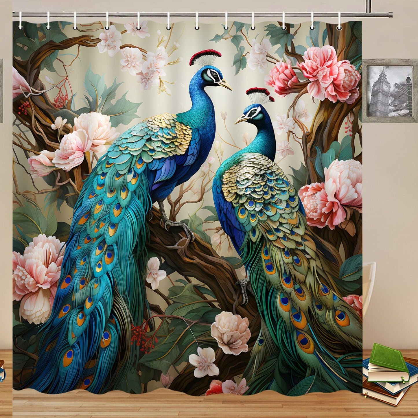 Peacock Shower Curtain Blue Pink Floral 70x70 Inch