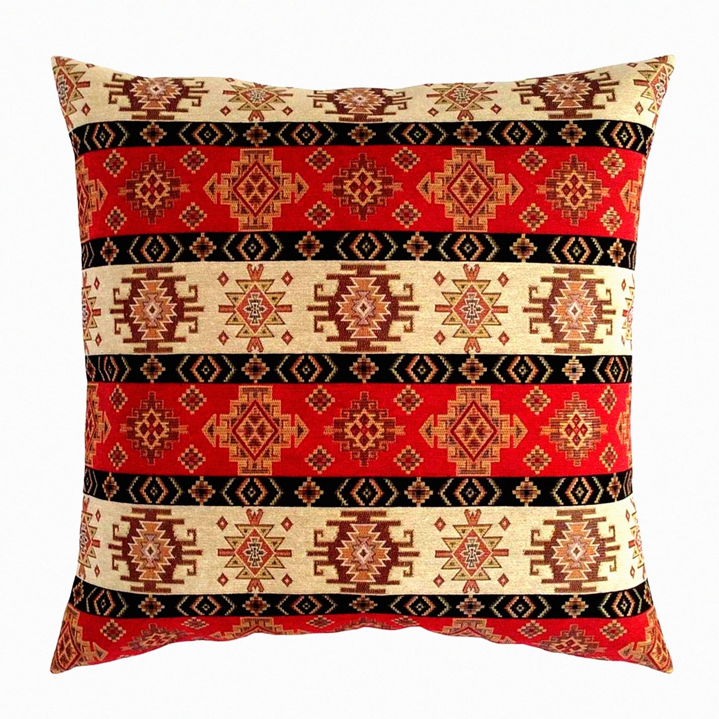 Boho Chic Kilim Red Cream Pillow Cover - 22x22 Inch Decorative Cushion Case for Farmhouse, Moroccan Bohemian Room Decor, Sofa Patio Accent
