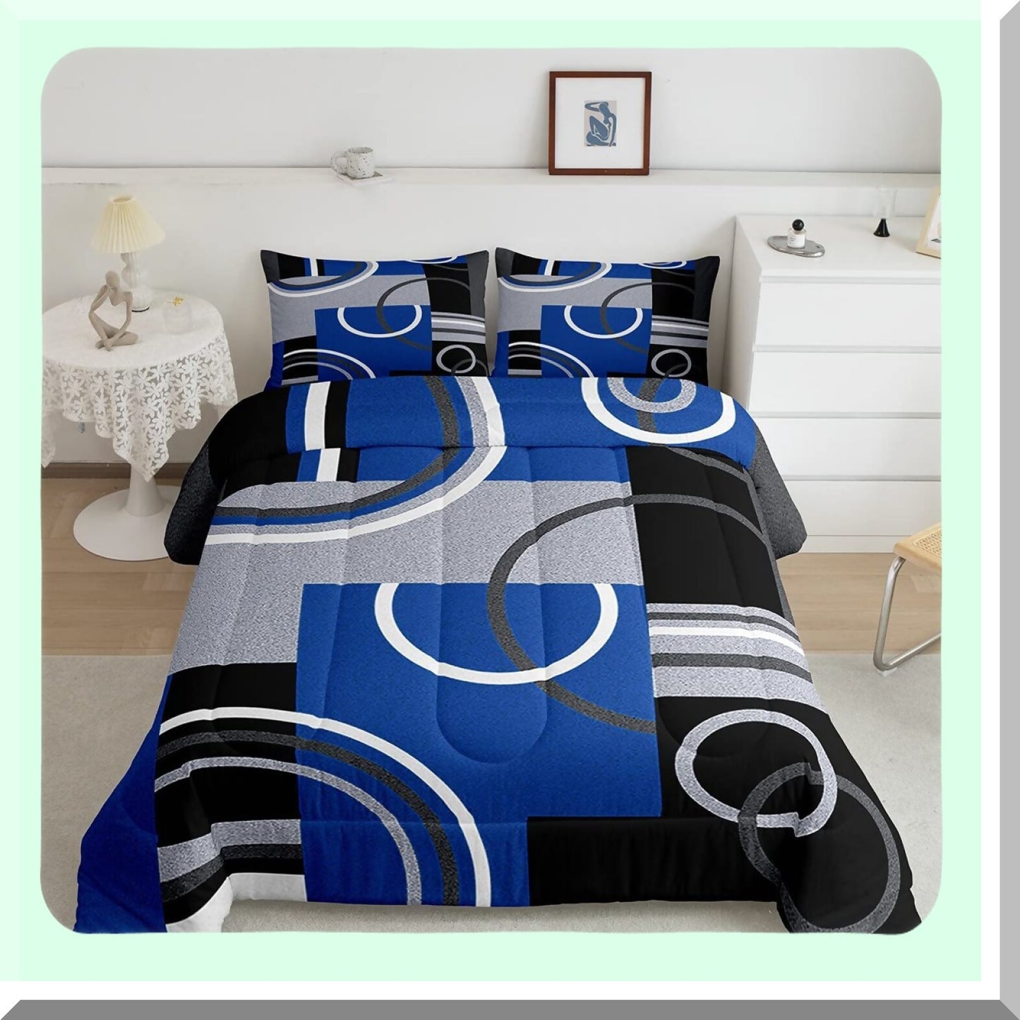 Geometric Swirls Comforter Set - Modern Abstract Bedding Collection with Graphic Artwork Quilt - Royal Blue Black Grey Queen Size - All Season Bedroom Decor