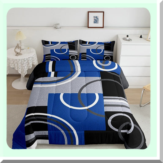 Geometric Swirls Comforter Set - Modern Abstract Bedding Collection with Graphic Artwork Quilt - Royal Blue Black Grey Queen Size - All Season Bedroom Decor
