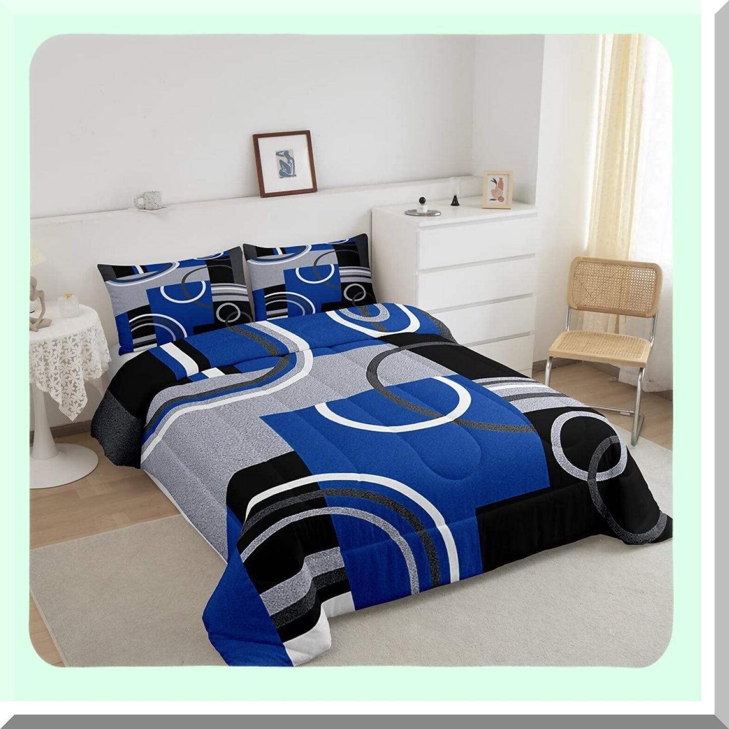 Geometric Swirls Comforter Set - Modern Abstract Bedding Collection with Graphic Artwork Quilt - Royal Blue Black Grey Queen Size - All Season Bedroom Decor