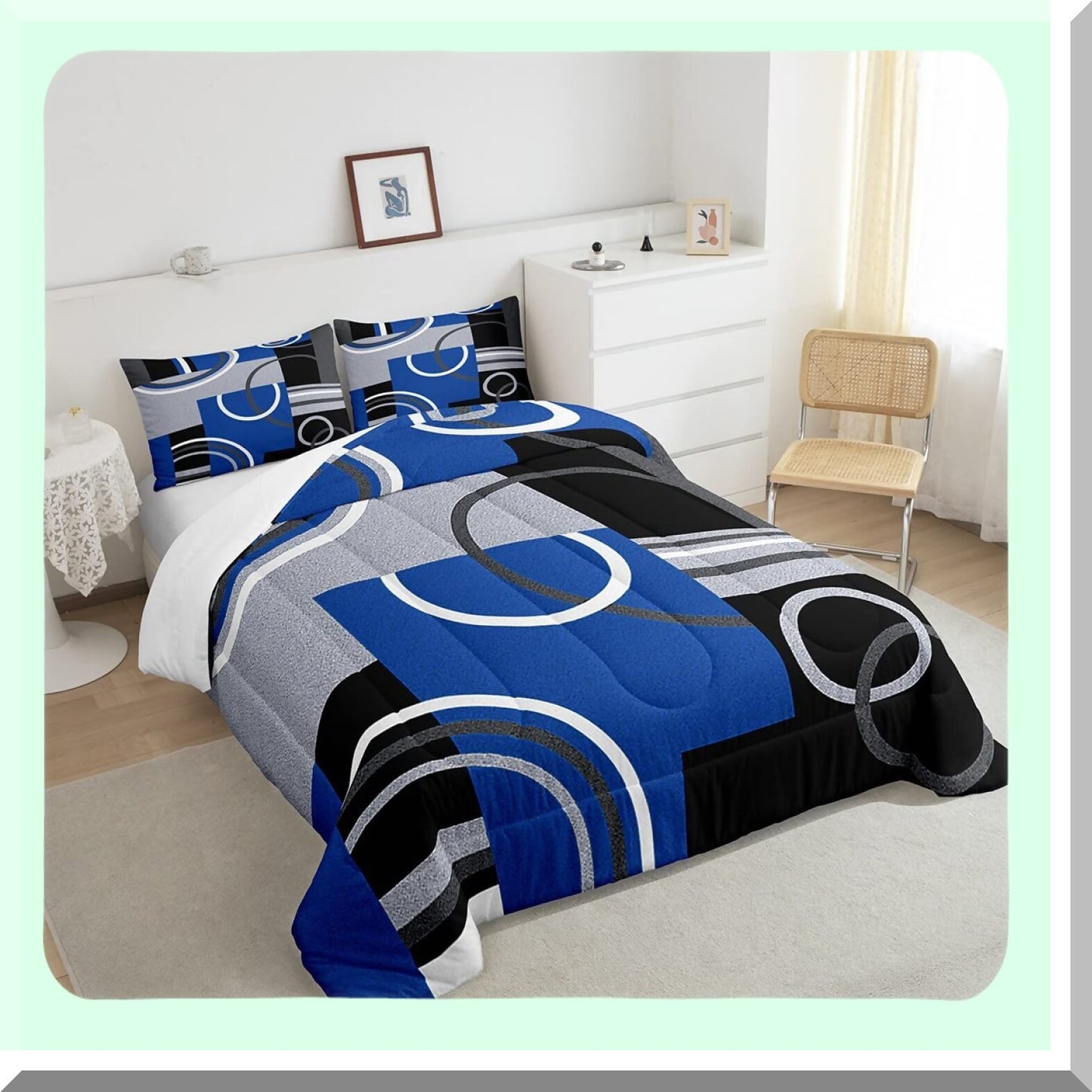 Geometric Swirls Comforter Set - Modern Abstract Bedding Collection with Graphic Artwork Quilt - Royal Blue Black Grey Queen Size - All Season Bedroom Decor