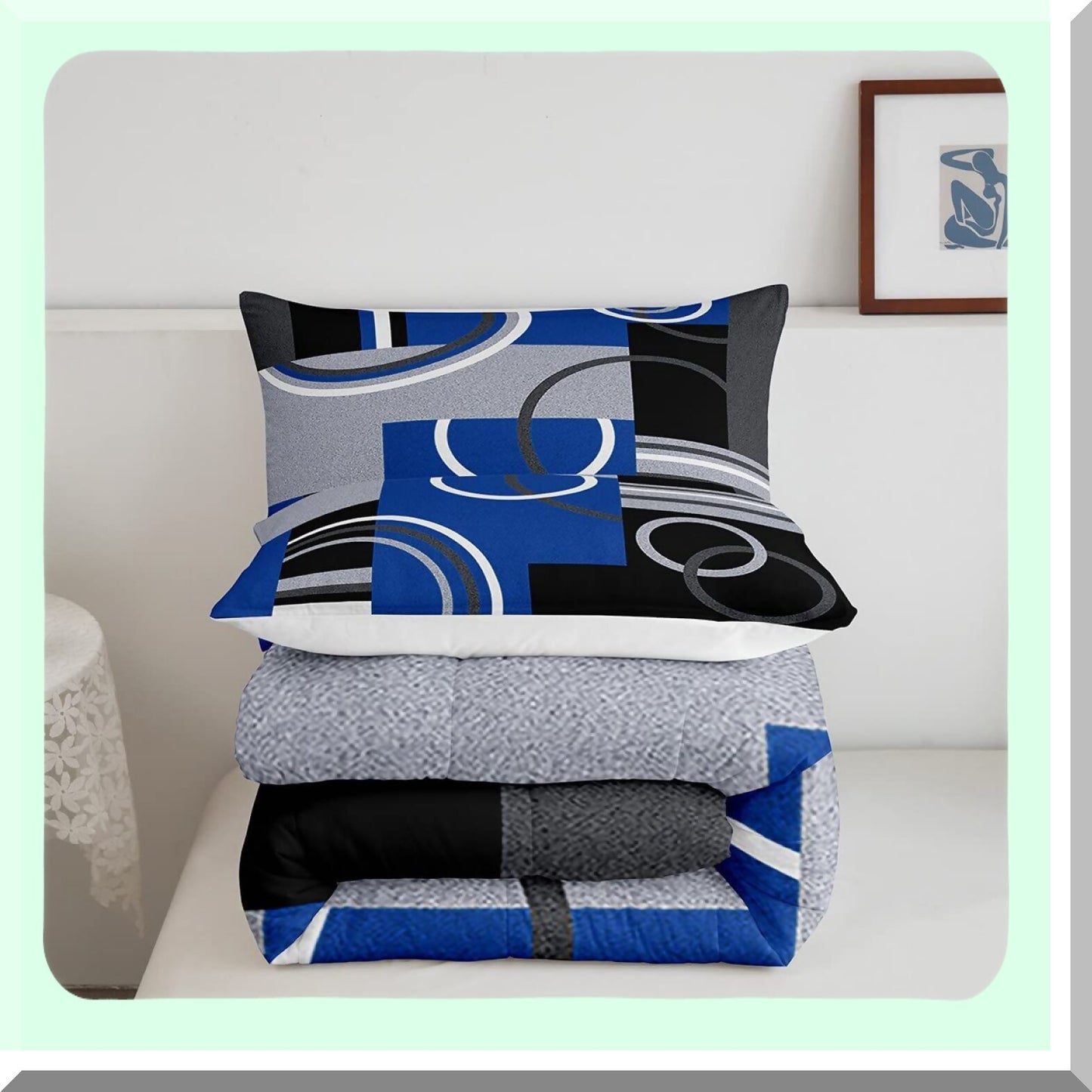 Geometric Swirls Comforter Set - Modern Abstract Bedding Collection with Graphic Artwork Quilt - Royal Blue Black Grey Queen Size - All Season Bedroom Decor