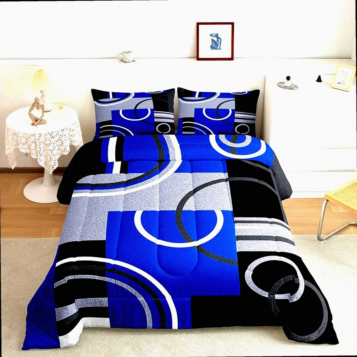 Geometric Swirls Comforter Set - Modern Abstract Bedding Collection with Graphic Artwork Quilt - Royal Blue Black Grey Queen Size - All Season Bedroom Decor