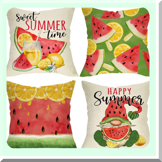Summer Citrus Gnome Pillow Cover Set - Lemonade Farmhouse Decorative Cushion Case 18x18 - Watermelon Outdoor Home Sofa Couch Throw - Seasonal Holiday Accent Décor - Happy Sweet Lemon Watercolor Porch