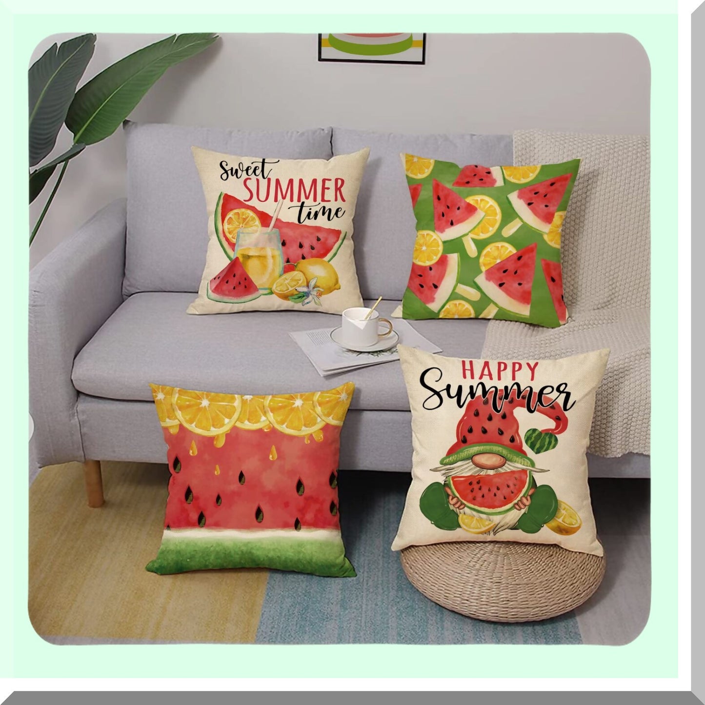 Summer Citrus Gnome Pillow Cover Set - Lemonade Farmhouse Decorative Cushion Case 18x18 - Watermelon Outdoor Home Sofa Couch Throw - Seasonal Holiday Accent Décor - Happy Sweet Lemon Watercolor Porch
