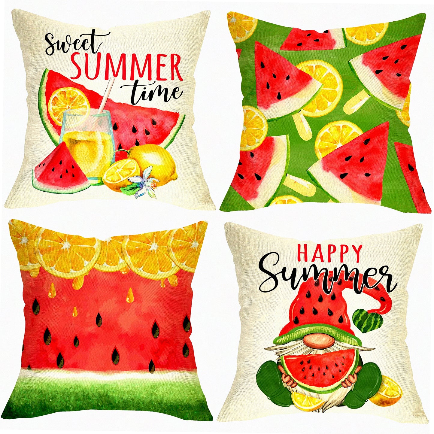 Summer Citrus Gnome Pillow Cover Set - Lemonade Farmhouse Decorative Cushion Case 18x18 - Watermelon Outdoor Home Sofa Couch Throw - Seasonal Holiday Accent Décor - Happy Sweet Lemon Watercolor Porch