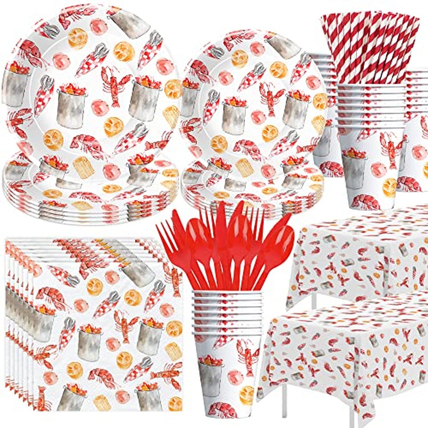 Seafood Fiesta Party Pack - Complete Tableware Set for 24 Guests - Crab, Shrimp, and Crawfish Theme Decorations - Plates, Cups, Napkins, and More!