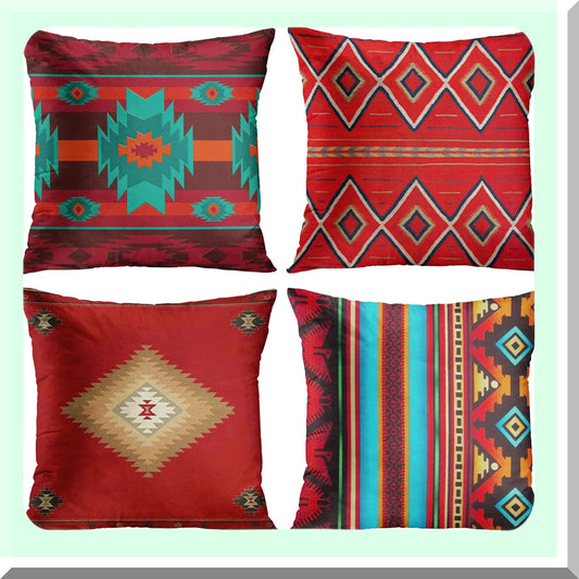 Southwest Geometric Red Tribal Pillow Covers - Set of 4 | Country Decorative Square 26x26 Inches Pillowcases | Home Cultural Hue Western Decor
