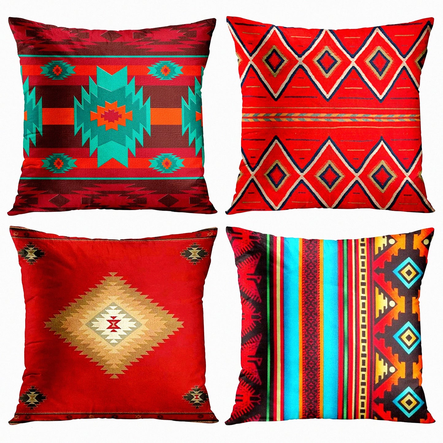Southwest Geometric Red Tribal Pillow Covers - Set of 4 | Country Decorative Square 26x26 Inches Pillowcases | Home Cultural Hue Western Decor