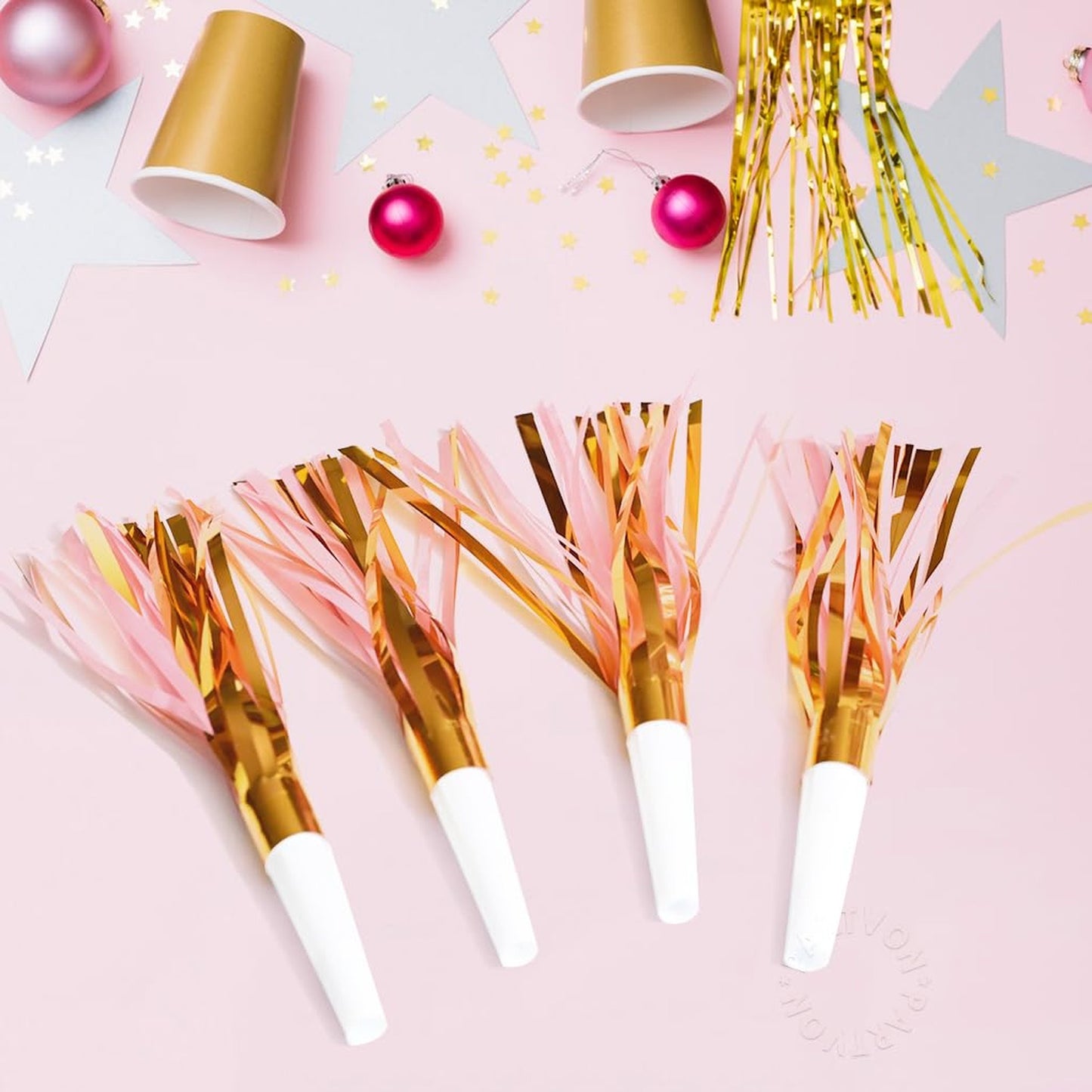 Gold Pink Party Squawkers - 24 Piece Noise Maker Blowouts for Birthday, Baby Shower, Bachelorette, Wedding & New Year Celebrations.