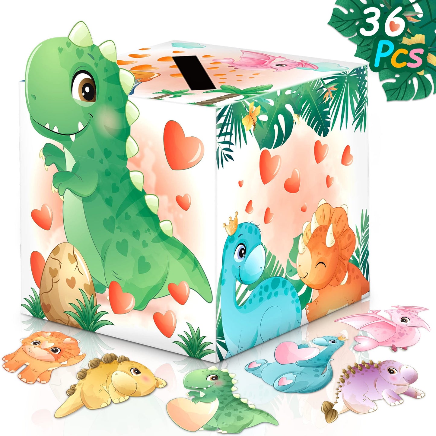 DinoValentine Box Set: 36 Dinosaur Cards & Mailbox for Clroom Exchange. Perfect Valentines Day Boxes for Boys & Girls in School!