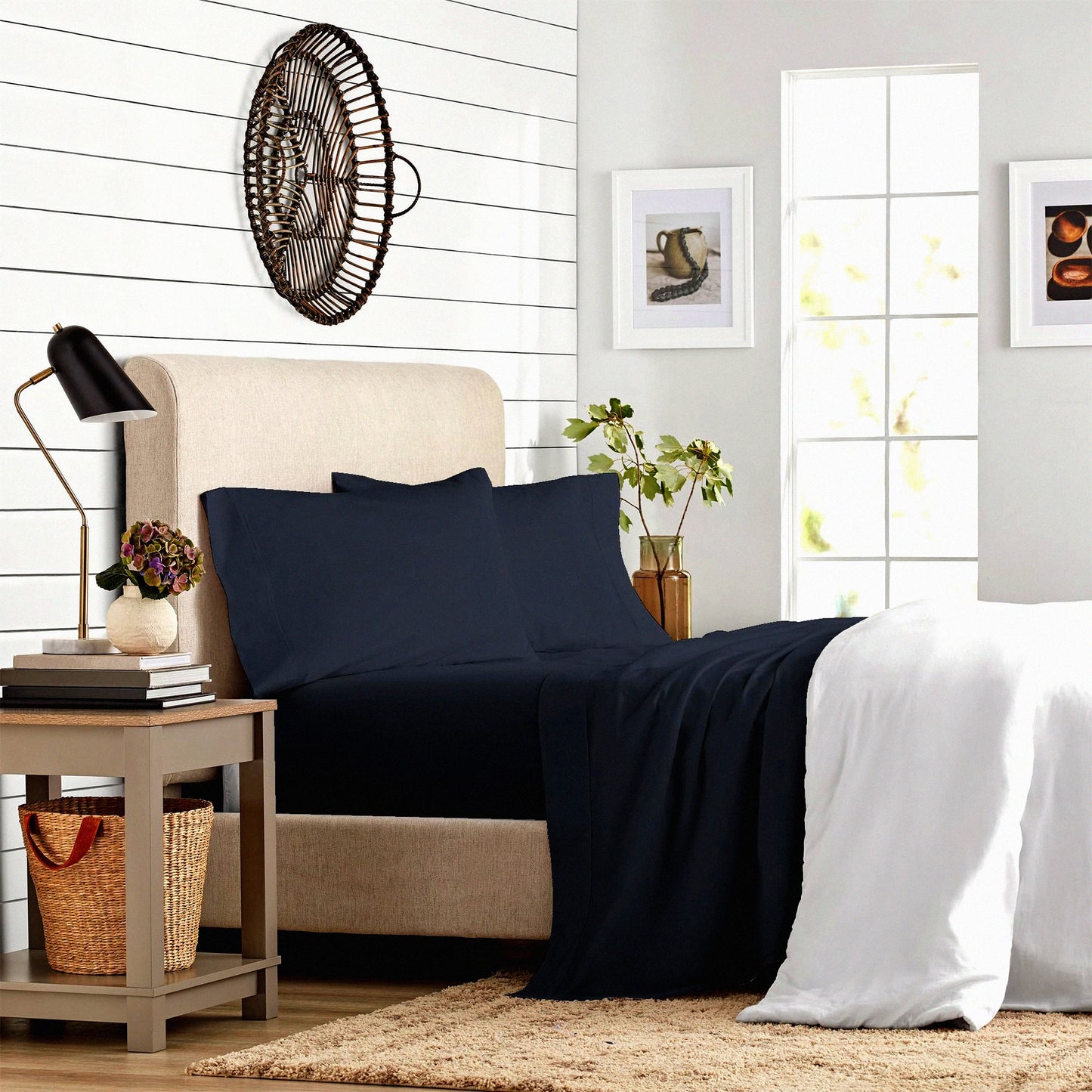 Midnight Navy Jersey Queen Bed Sheet Set - All Season 4Pc Knitted Bedding with Deep Pocket, Wrinkle Resistant Easy Care Sheets for Queen Size Bed