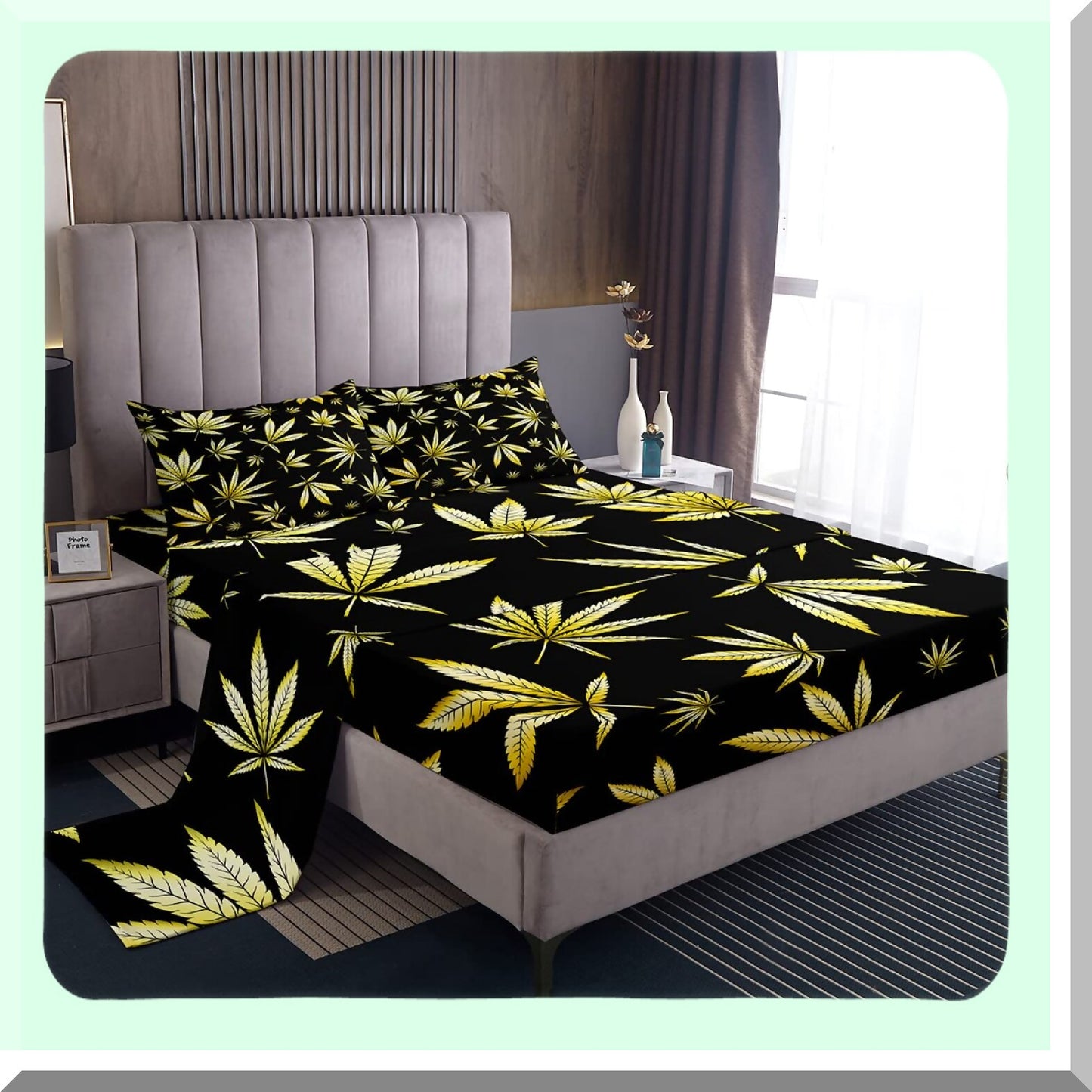 Trippy Leaves Bohemian Bedding Set - Yellow Marijuana Sheet Set with Deep Pocket - 4 Piece Plant Inspired Sheet Set - Black Fitted & Flat Sheet