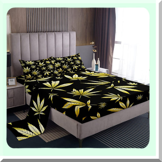 Trippy Leaves Bohemian Bedding Set - Yellow Marijuana Sheet Set with Deep Pocket - 4 Piece Plant Inspired Sheet Set - Black Fitted & Flat Sheet
