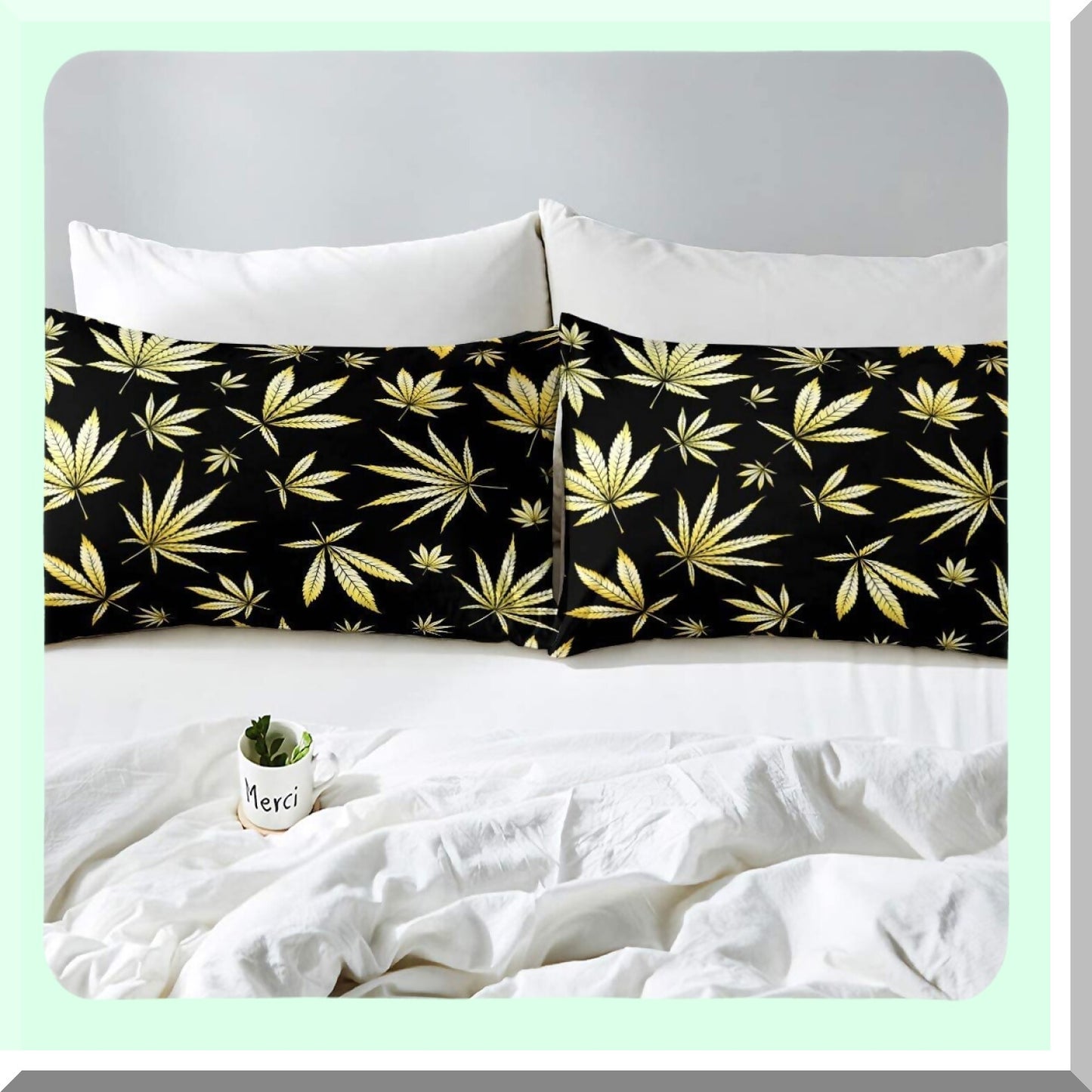 Trippy Leaves Bohemian Bedding Set - Yellow Marijuana Sheet Set with Deep Pocket - 4 Piece Plant Inspired Sheet Set - Black Fitted & Flat Sheet