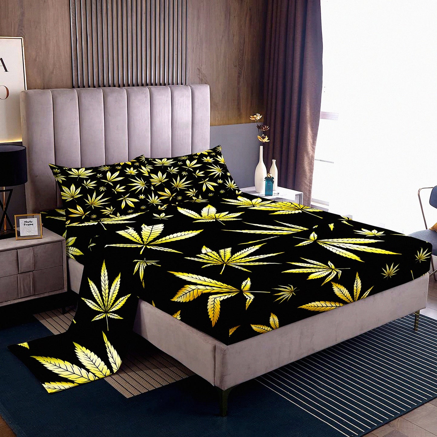Trippy Leaves Bohemian Bedding Set - Yellow Marijuana Sheet Set with Deep Pocket - 4 Piece Plant Inspired Sheet Set - Black Fitted & Flat Sheet